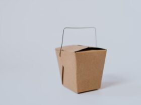 A takeout box made of paper.